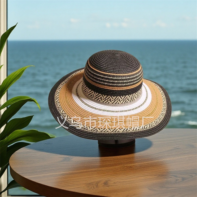 Women's summer straw hats, colorful straw woven beach hats, ethnic style seaside vacation sun protection hats, travel outdoor leisure breathable sun hats, Lafite grass hats Specification image