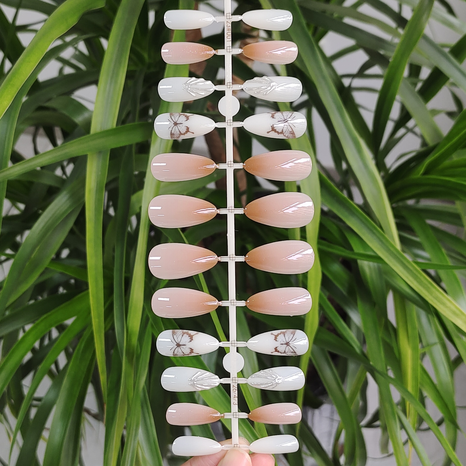 24 PCS PRESS ON NAIL TIPS ALMOND SHAPE 3D ADHESIVE DESIGN WITH BUTTERFLY PATTERN full figure