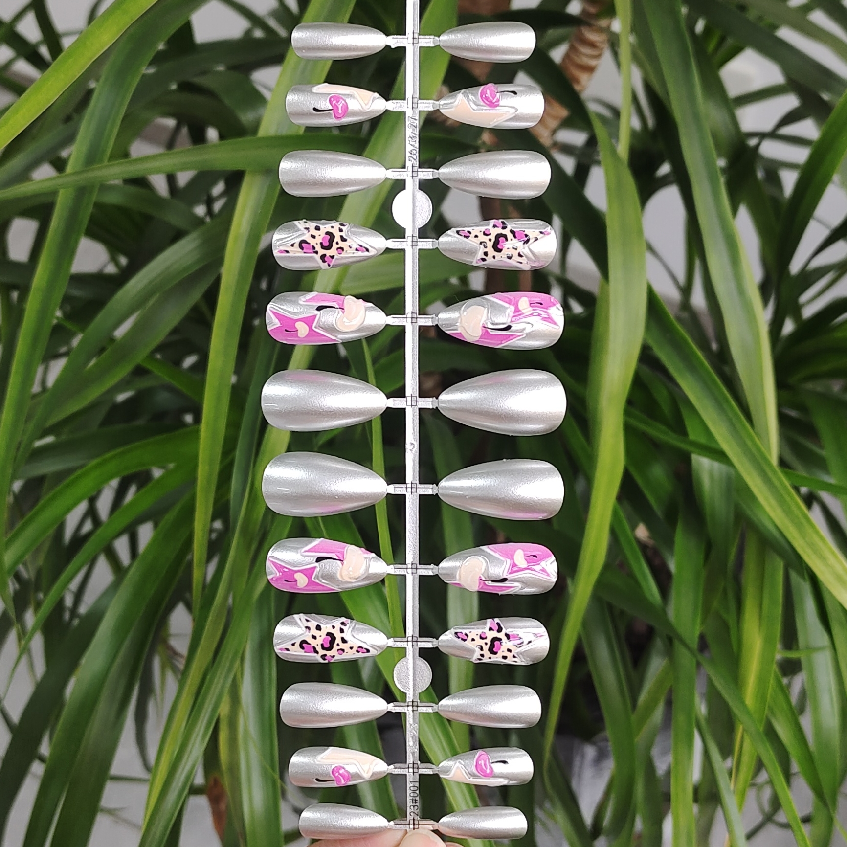 24 PCS PRESS ON NAIL TIPS ALMOND SHAPE 3D ADHESIVE DESIGN WITH STARS AND CHERRIES PATTERN full figure