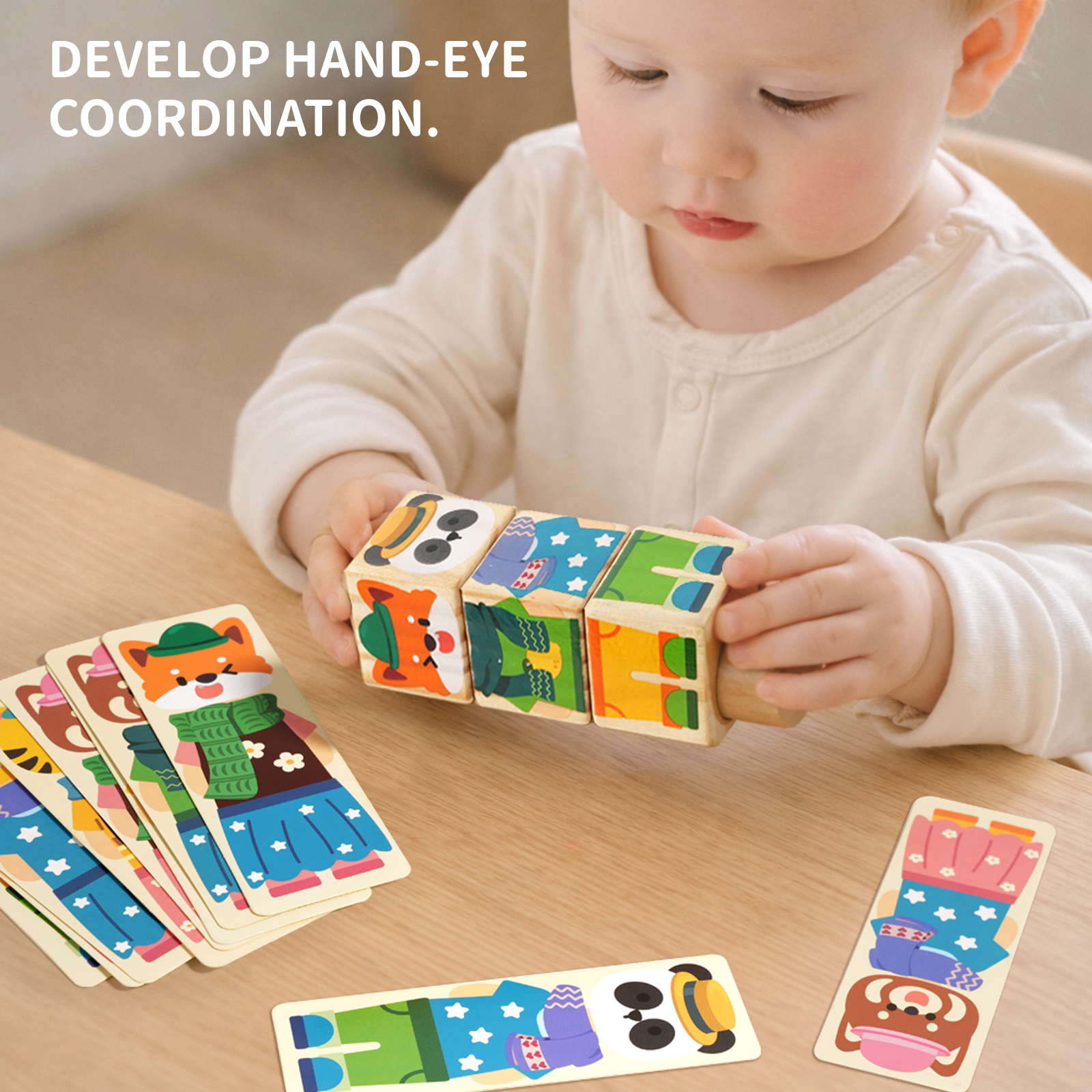 CPC CE EN71 Animal Dress-up Rotating Building Blocks Wooden Puzzle Toy Children's Intelligence Early Education Enlightenment building blocks hand-grabbed rotating Puzzle dress-up Toy Boys and girls Grasping training Specification drawing