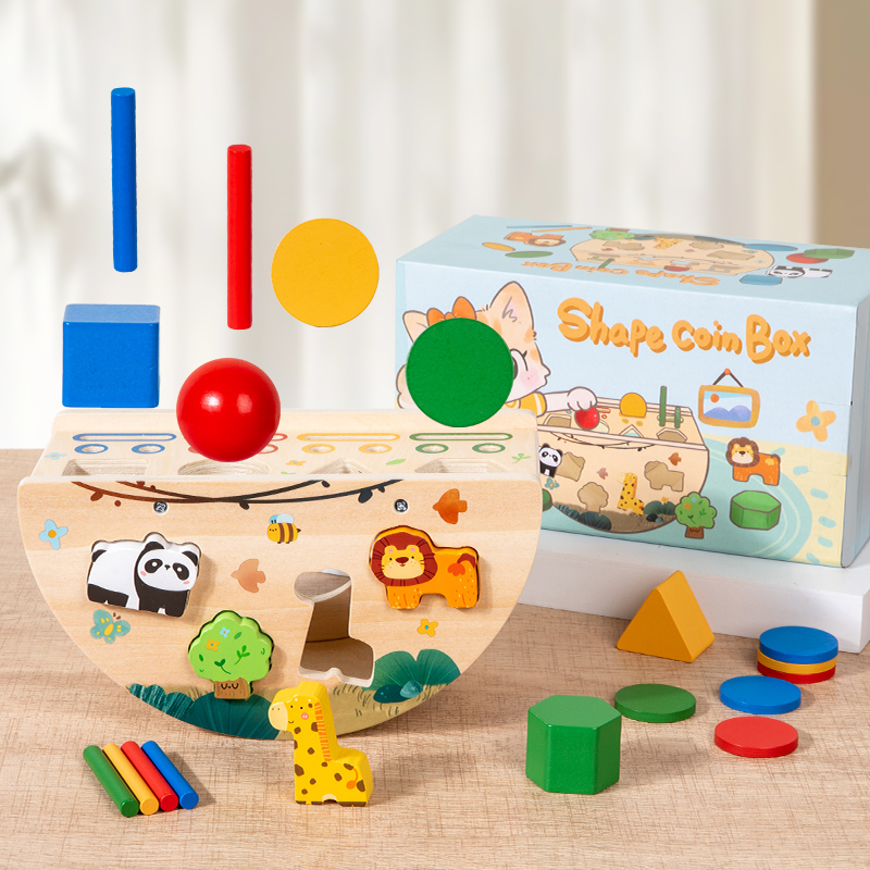 Shape matching intelligence coin box, children's wooden educational toy, shape matching Montessori early education children's wooden matching game, shape color classification, logical thinking training, early education educational toy details Picture