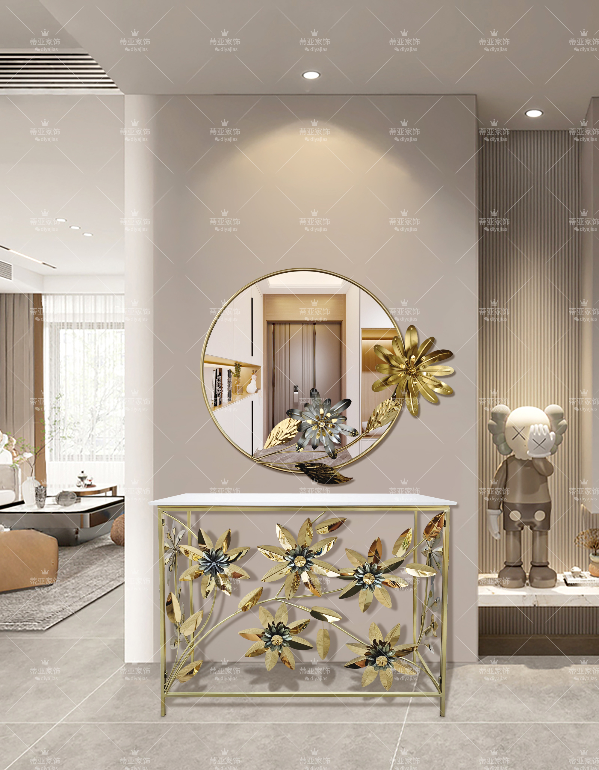Blue-eyed entrance mirror set: Round gold-framed mirror, blue and gold fan-shaped decorative ironwork mirror Item Picture