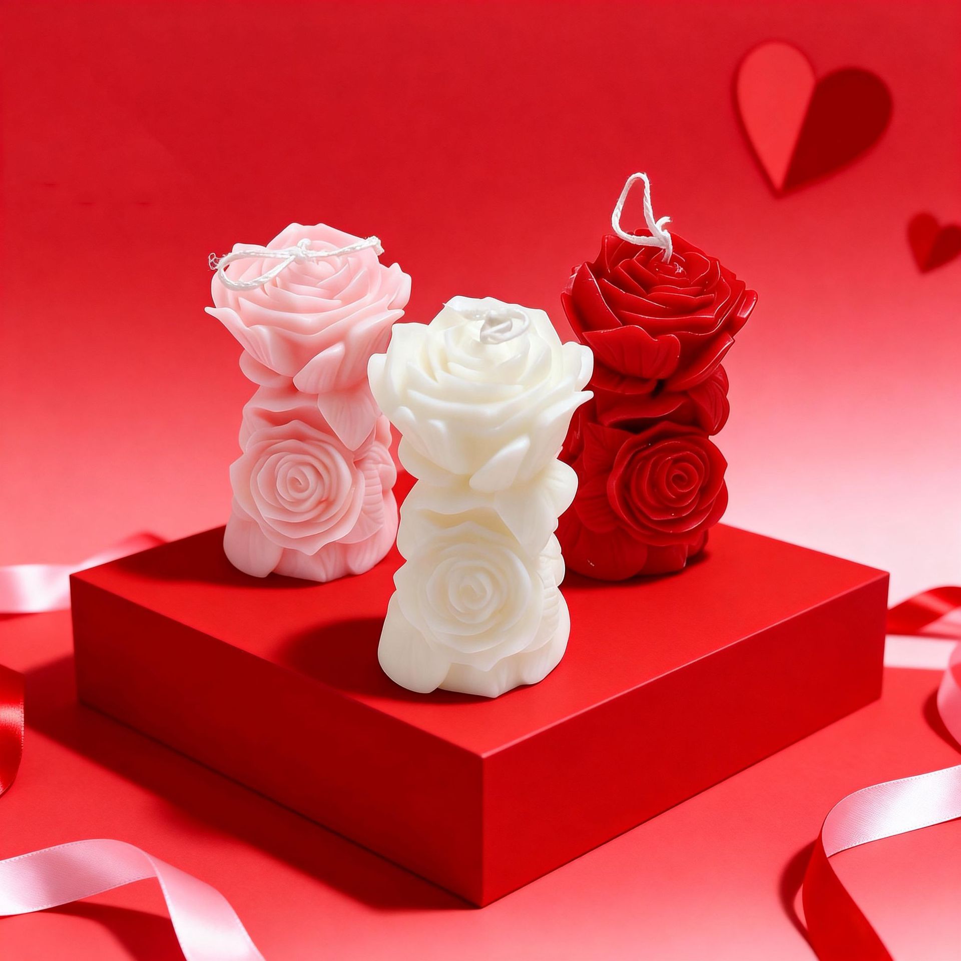 Valentine's Day decorative rose pillar-shaped scented candle, soy wax scented scented bedroom high-end gift