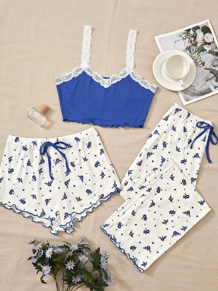 性感碎花睡衣女套装夏季薄款可爱家居服三件套外穿