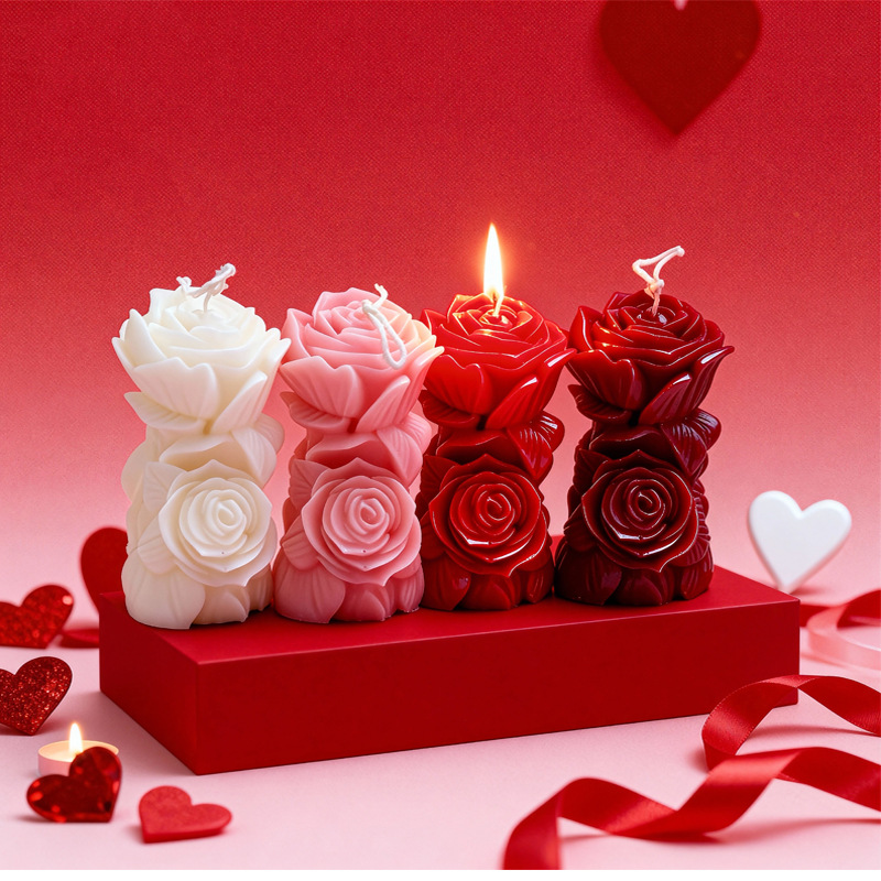 Valentine's Day decorative rose pillar-shaped scented candle, soy wax scented scented bedroom high-end gift details Picture