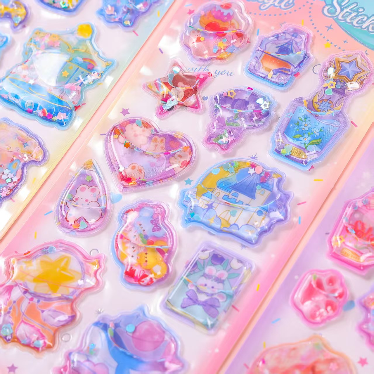 Cartoon 3D stereoscopic shaking water stickers, colorful shaking fun reward decorative stickers, water-filled shaking water stickers Item Picture