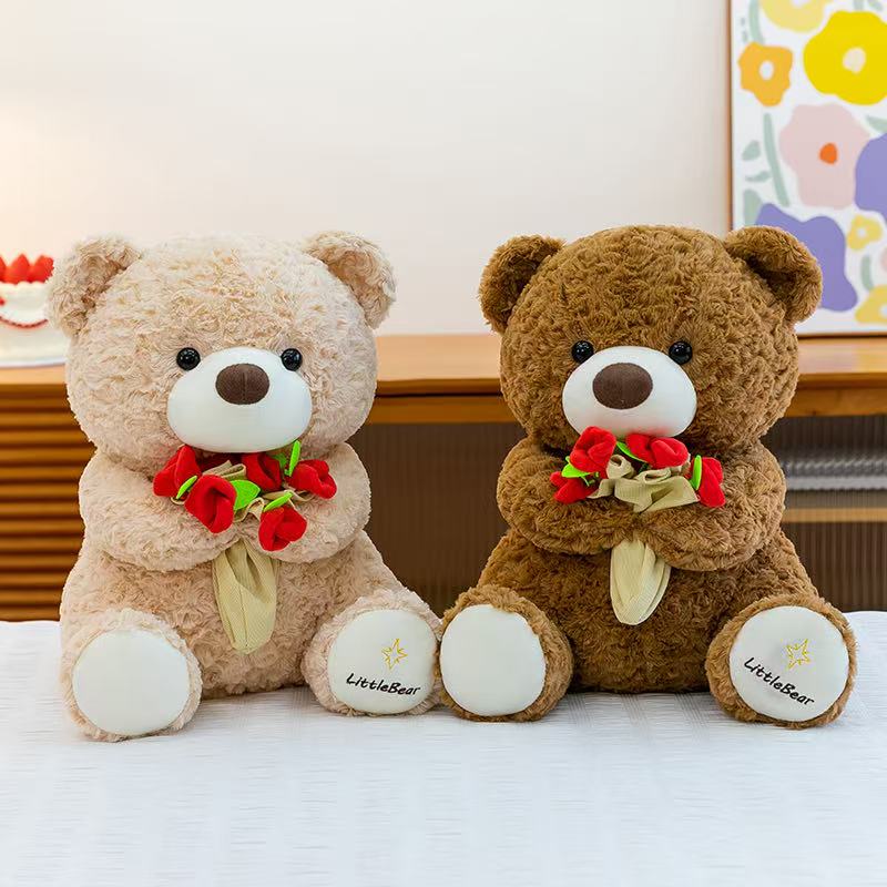 Cross-border rose teddy bear dolls, flower holding teddy bear dolls, bear plush toys, Valentine's Day gift wholesale agency Specification image
