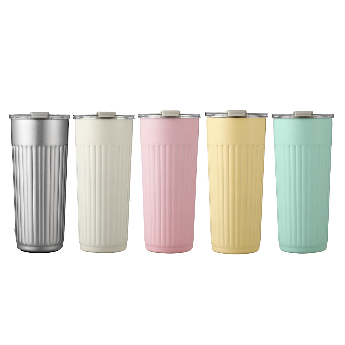 The new vertical pattern double-drinking coffee cup has a high appearance level. It is a 304 stainless steel double-layer vacuum insulated cup and a portable car water cup Item Picture