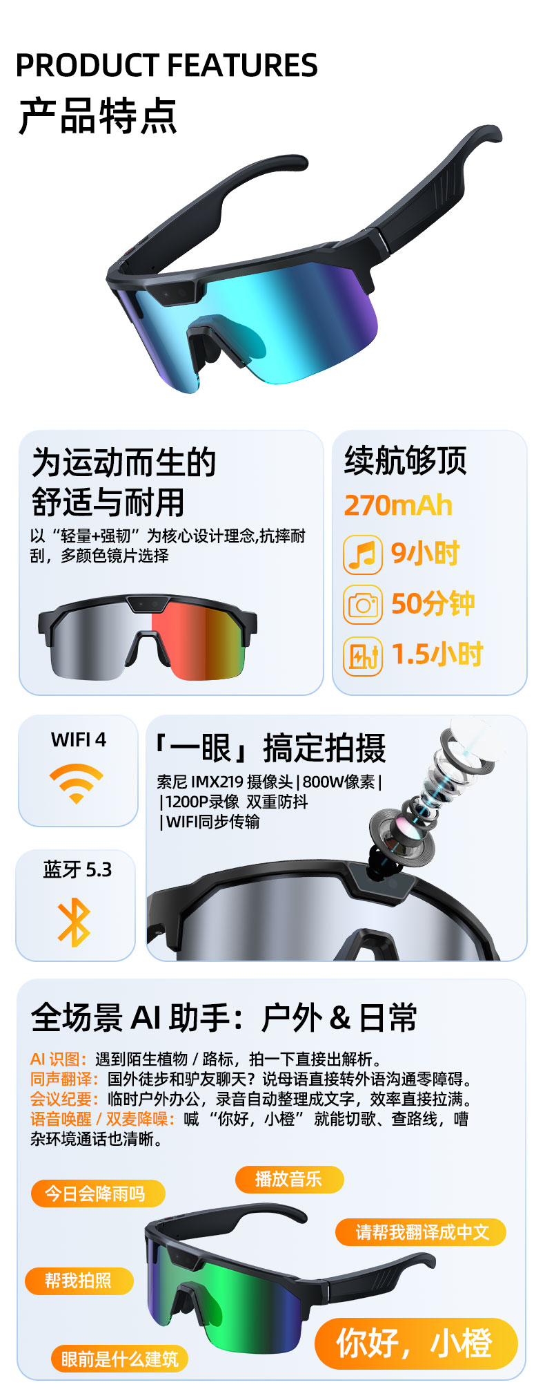 AI运动拍摄智能眼镜 智能骑行眼镜户外骑行拍照录像音频翻译听歌带摄像头ai眼镜详情2