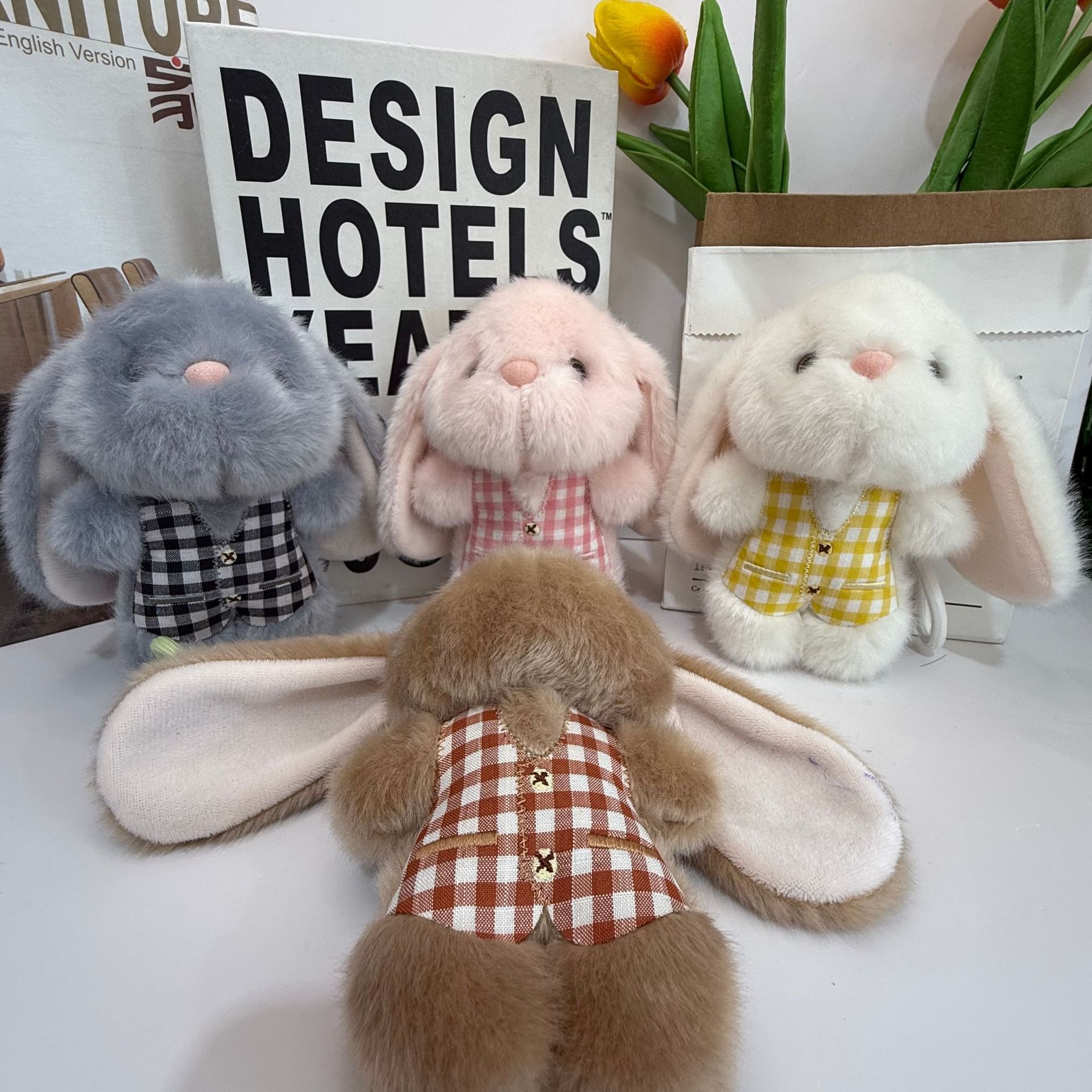 Embroidered vest rabbit creative 4-inch plush pendant, claw machine doll, key pendant, car schoolbag hanging decoration, gift, cartoon transformation keychain, costume-changing doll pendant, plush toy, cute wholesale details Picture