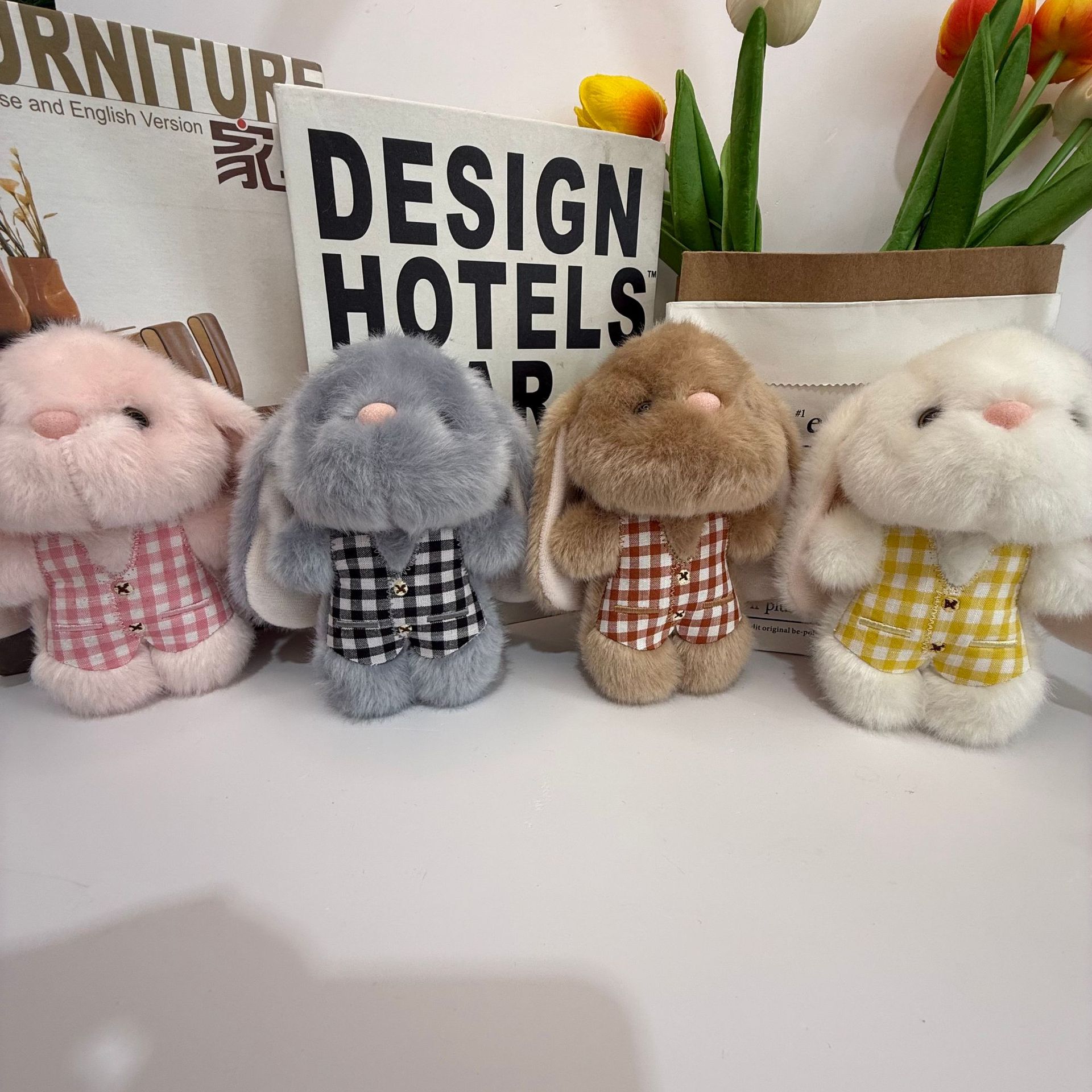 Embroidered vest rabbit creative 4-inch plush pendant, claw machine doll, key pendant, car schoolbag hanging decoration, gift, cartoon transformation keychain, costume-changing doll pendant, plush toy, cute wholesale