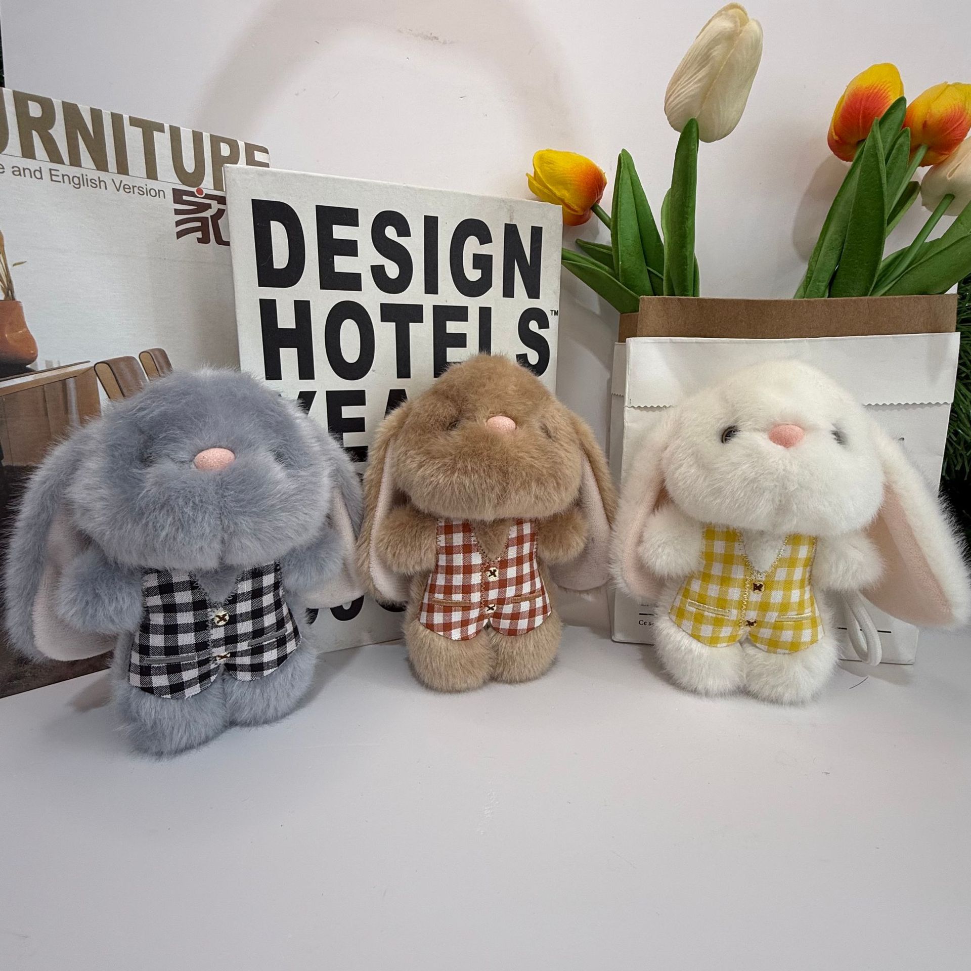 Embroidered vest rabbit creative 4-inch plush pendant, claw machine doll, key pendant, car schoolbag hanging decoration, gift, cartoon transformation keychain, costume-changing doll pendant, plush toy, cute wholesale Specification image