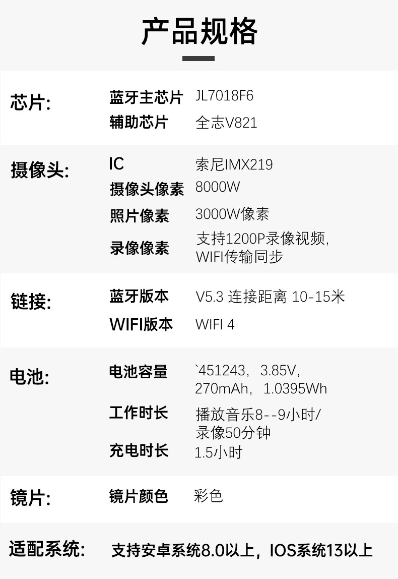 AI运动拍摄智能眼镜 智能骑行眼镜户外骑行拍照录像音频翻译听歌带摄像头ai眼镜详情19