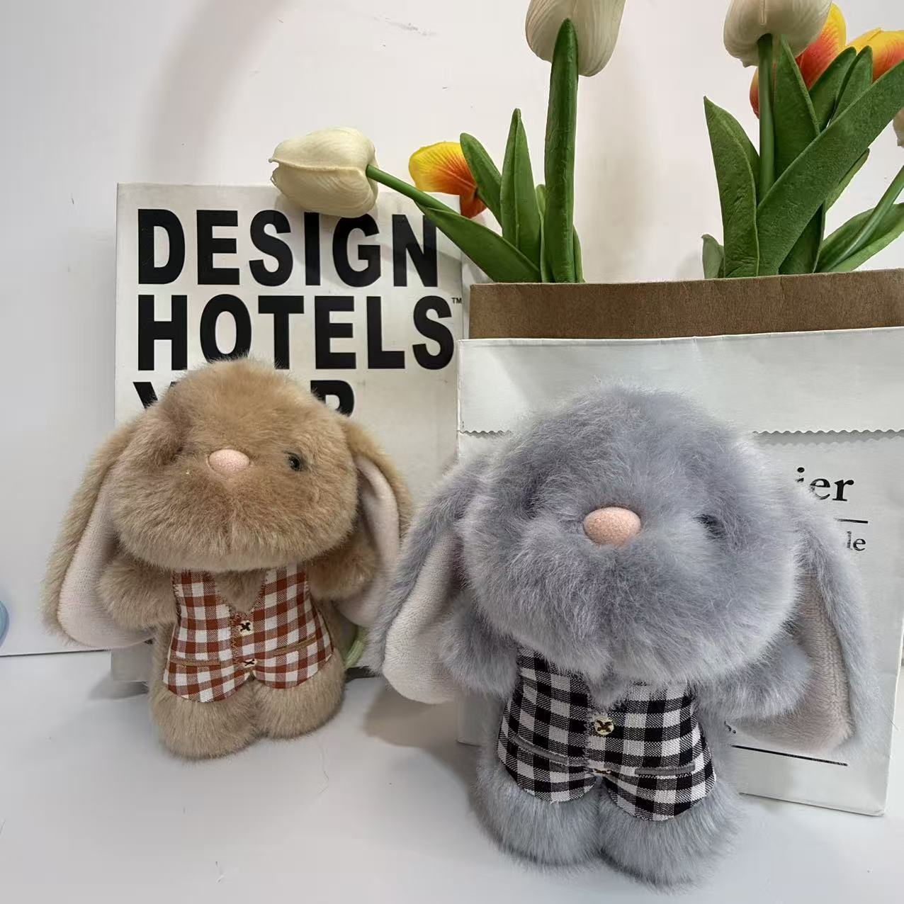 Embroidered vest rabbit creative 4-inch plush pendant, claw machine doll, key pendant, car schoolbag hanging decoration, gift, cartoon transformation keychain, costume-changing doll pendant, plush toy, cute wholesale Application Scenario