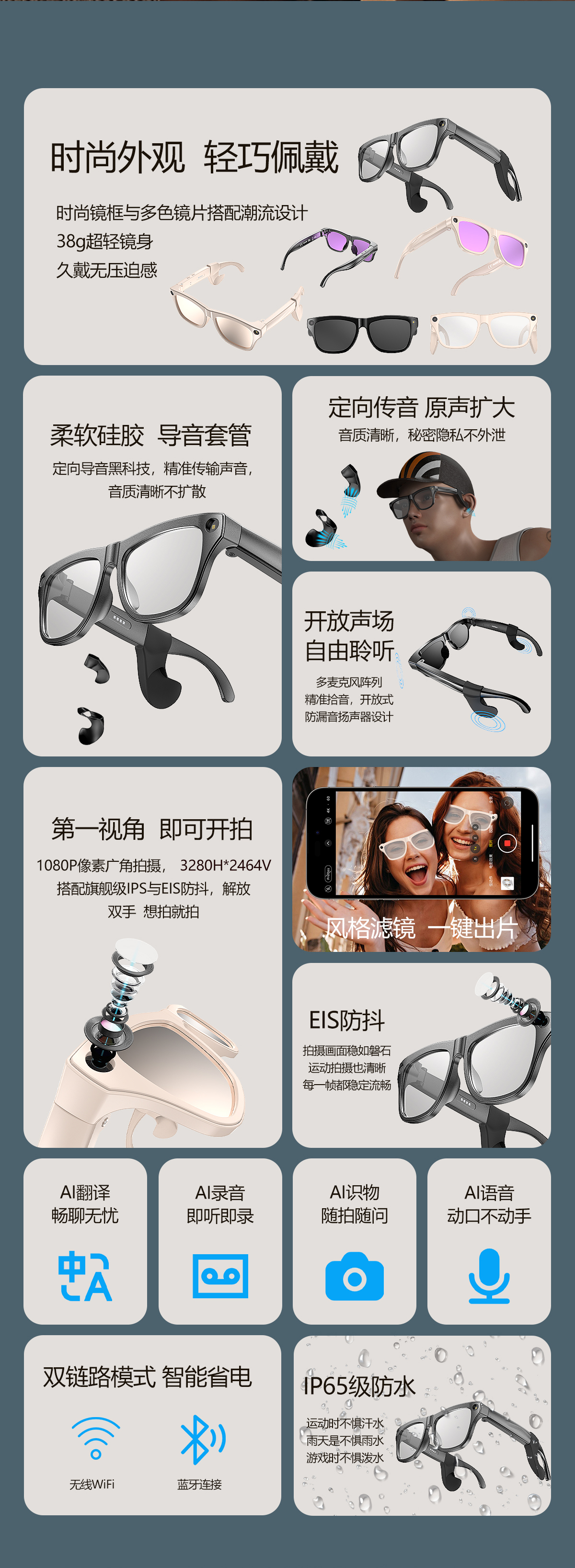 AI smart shooting glasses, ai glasses translation, photo taking, video recording, audio recording, Bluetooth calling, music playing glasses pic 2