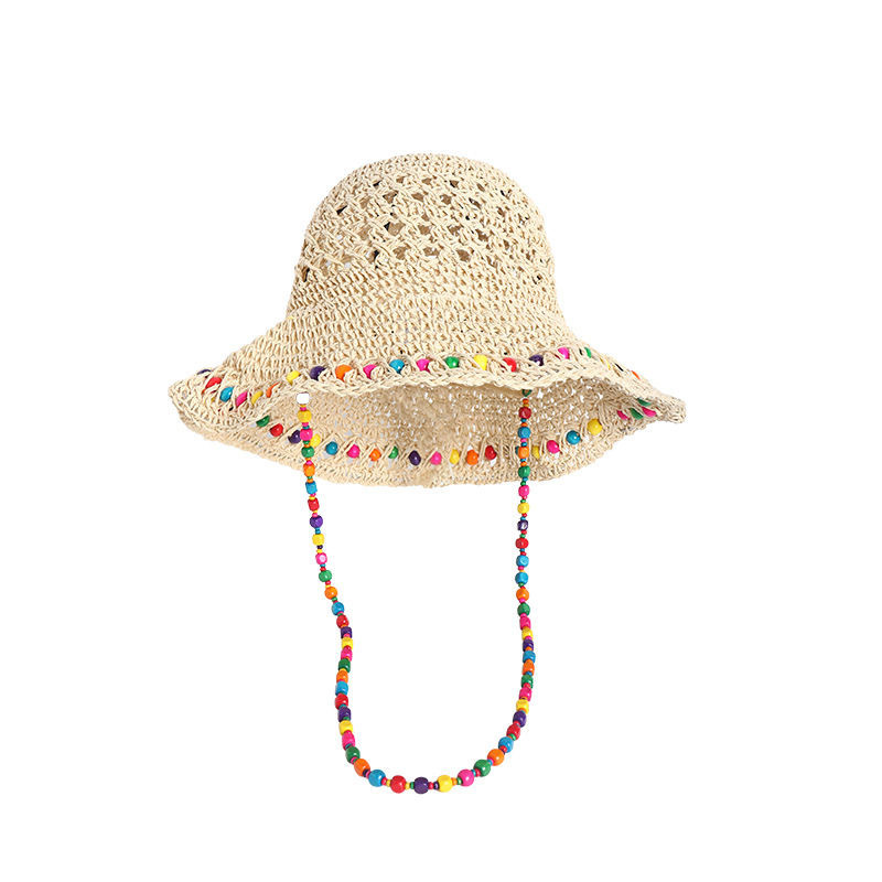 Hyuna style colorful wooden bead straw hat for women, summer seaside with a large hollowed-out brim, sunshade and sun protection hat, foldable fisherman's hat