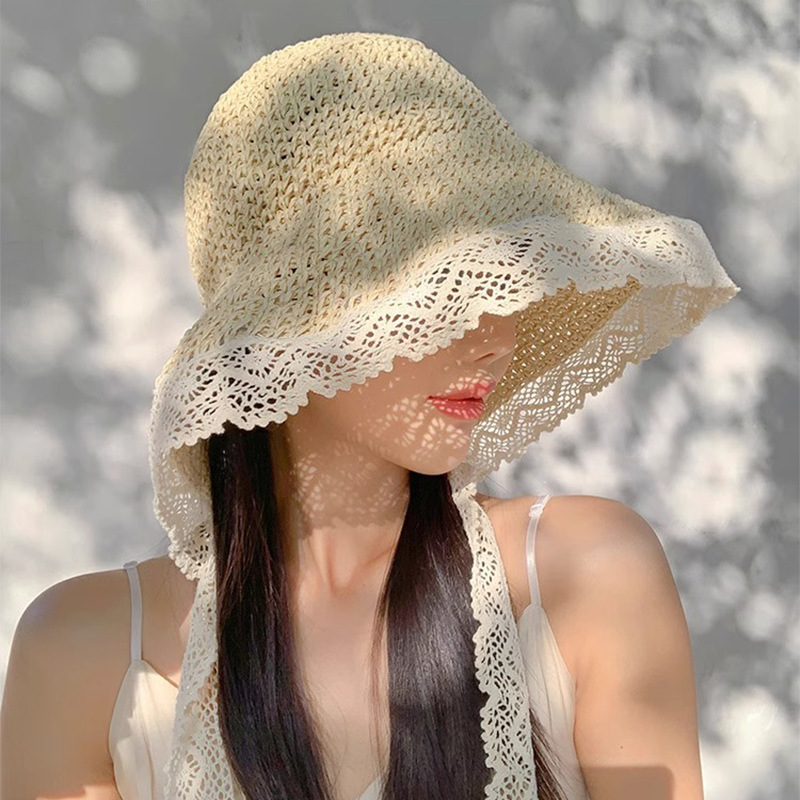 French lace-trimmed sunshade straw hat, women's summer large brim ribbon fisherman's hat, seaside foldable sun hat details Picture