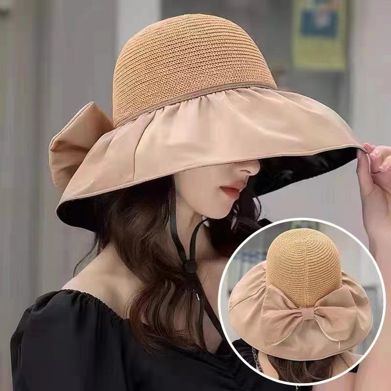 Women's foldable outdoor sun hats, UV-resistant large brim fisherman hats, face covering sun hats wholesale details Picture