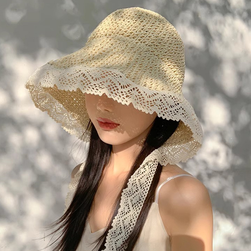 French lace-trimmed sunshade straw hat, women's summer large brim ribbon fisherman's hat, seaside foldable sun hat Specification image