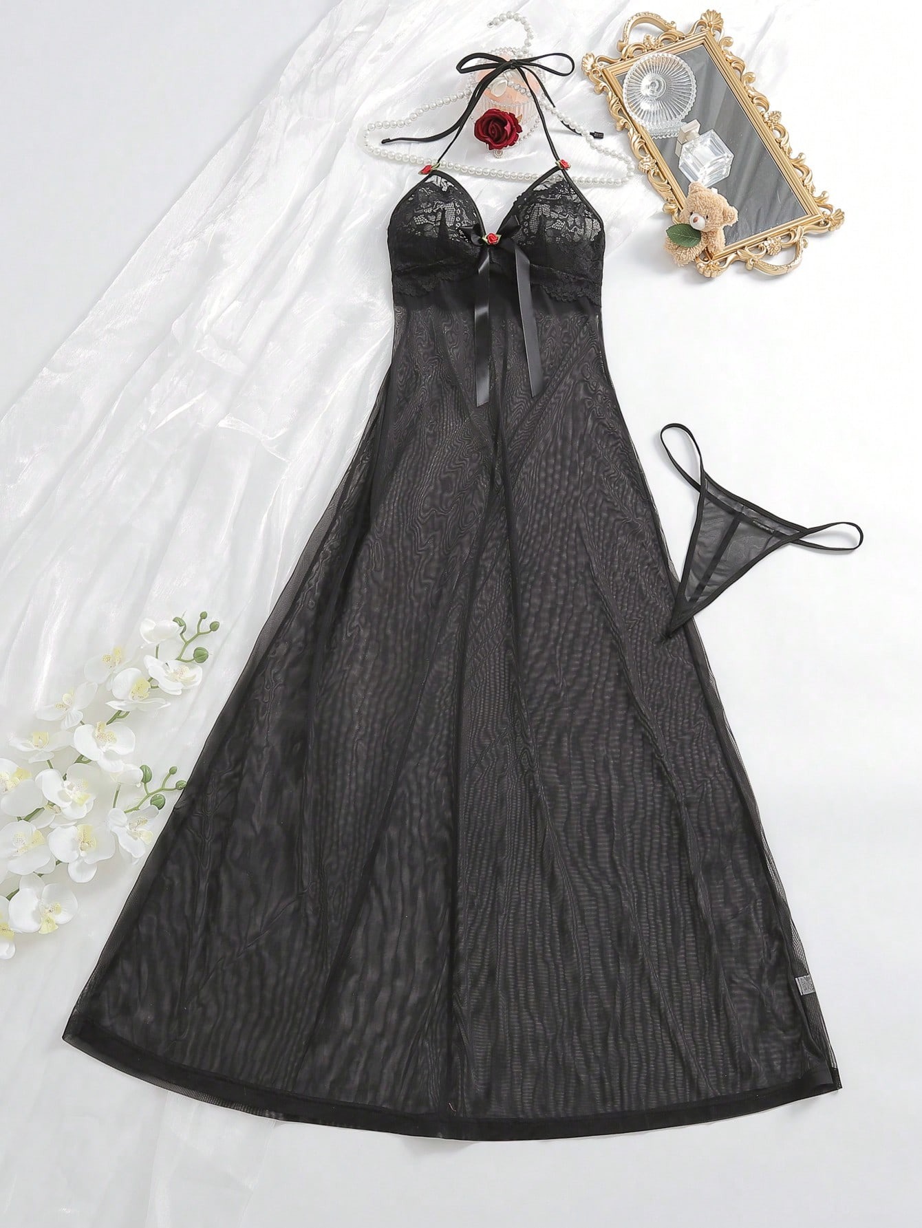 Black lace see-through long dress, women's base layer shirt, women's long-sleeved Korean-style dress, silk chiffon, linen embroidery, inch shirt, semi-high neck top Item Picture