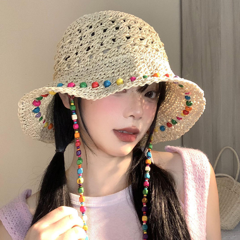 Hyuna style colorful wooden bead straw hat for women, summer seaside with a large hollowed-out brim, sunshade and sun protection hat, foldable fisherman's hat Specification image