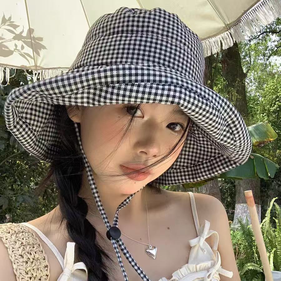 Thousand-bird checkered fisherman's hat for women, summer wide-brimmed UV protection, outdoor sun protection and sun protection, fashionable and versatile sun hat and basin hat Specification image