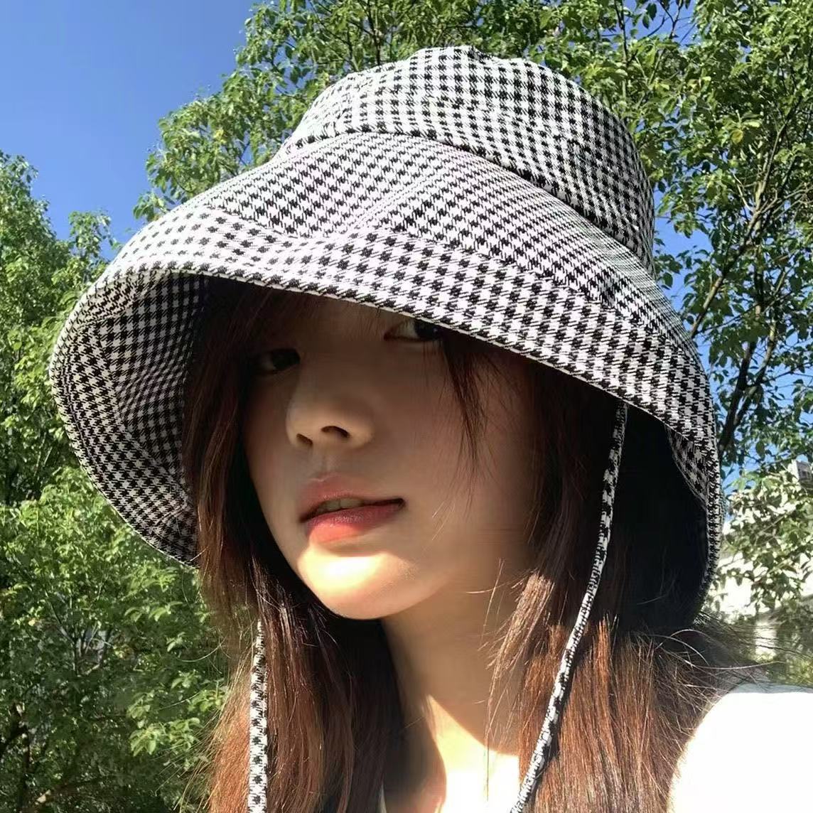 Thousand-bird checkered fisherman's hat for women, summer wide-brimmed UV protection, outdoor sun protection and sun protection, fashionable and versatile sun hat and basin hat