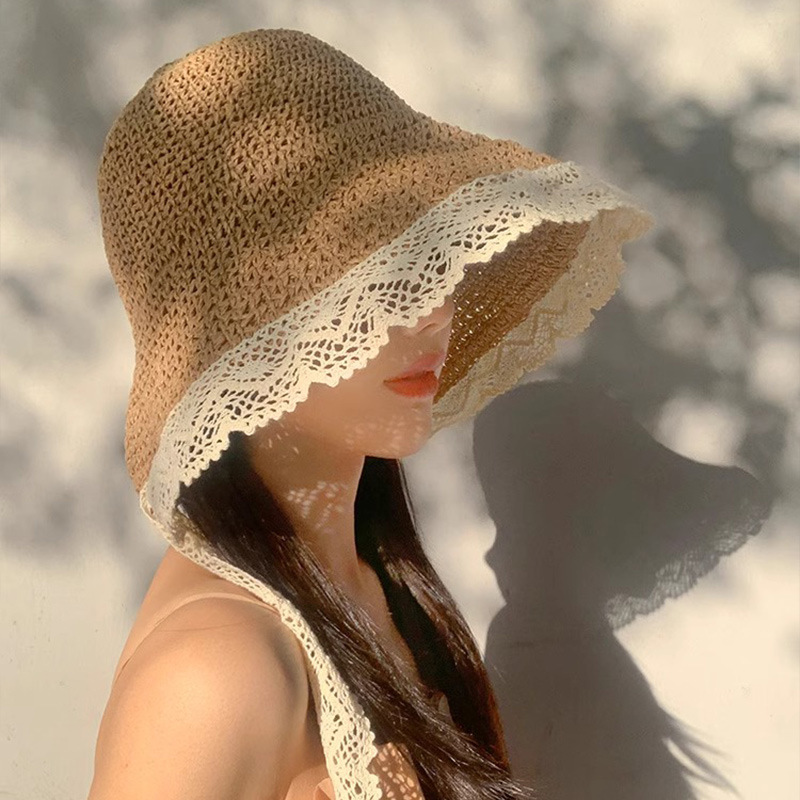 French lace-trimmed sunshade straw hat, women's summer large brim ribbon fisherman's hat, seaside foldable sun hat Application Scenario
