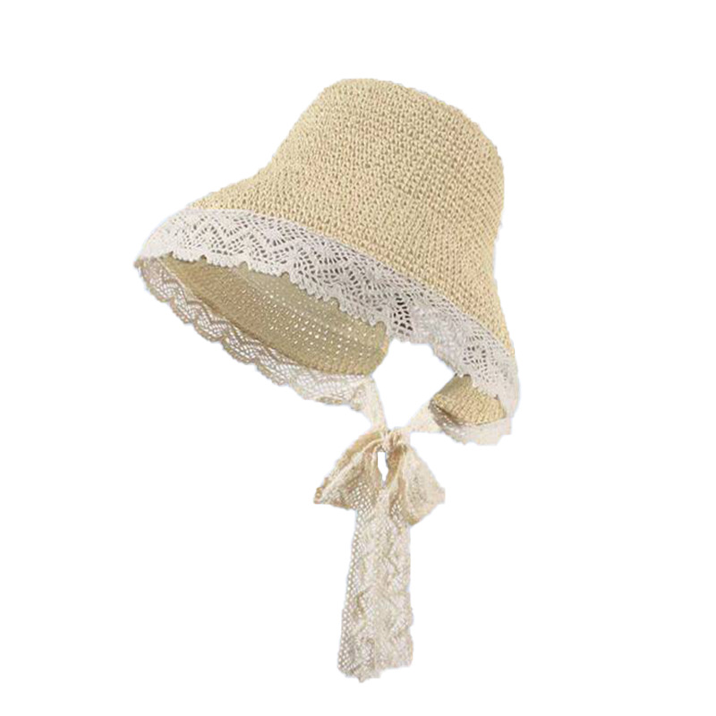 French lace-trimmed sunshade straw hat, women's summer large brim ribbon fisherman's hat, seaside foldable sun hat