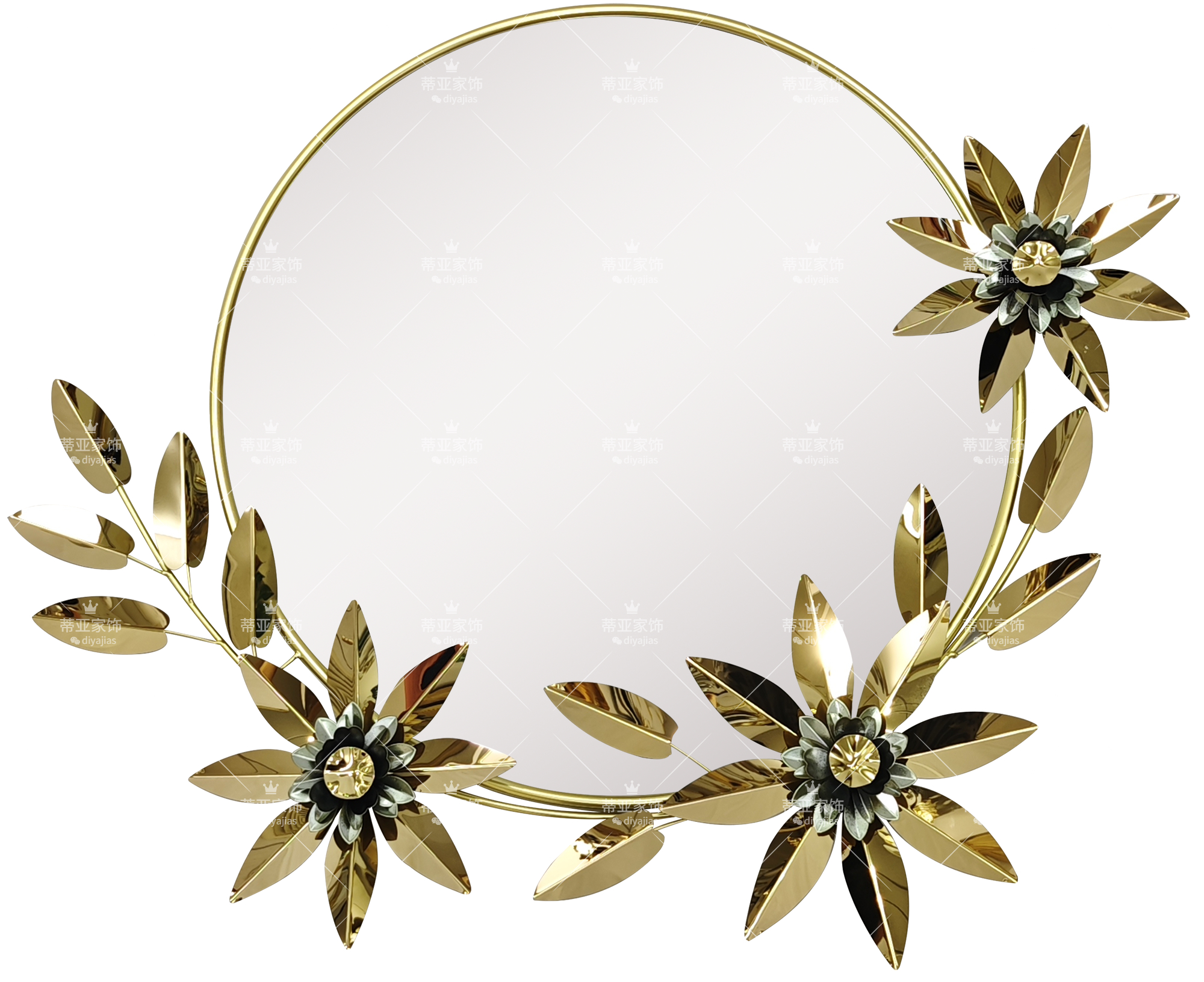 Golden metal floral decorations, round mirrors, stainless steel rings, preserved flowers, gift boxes, gold foil roses