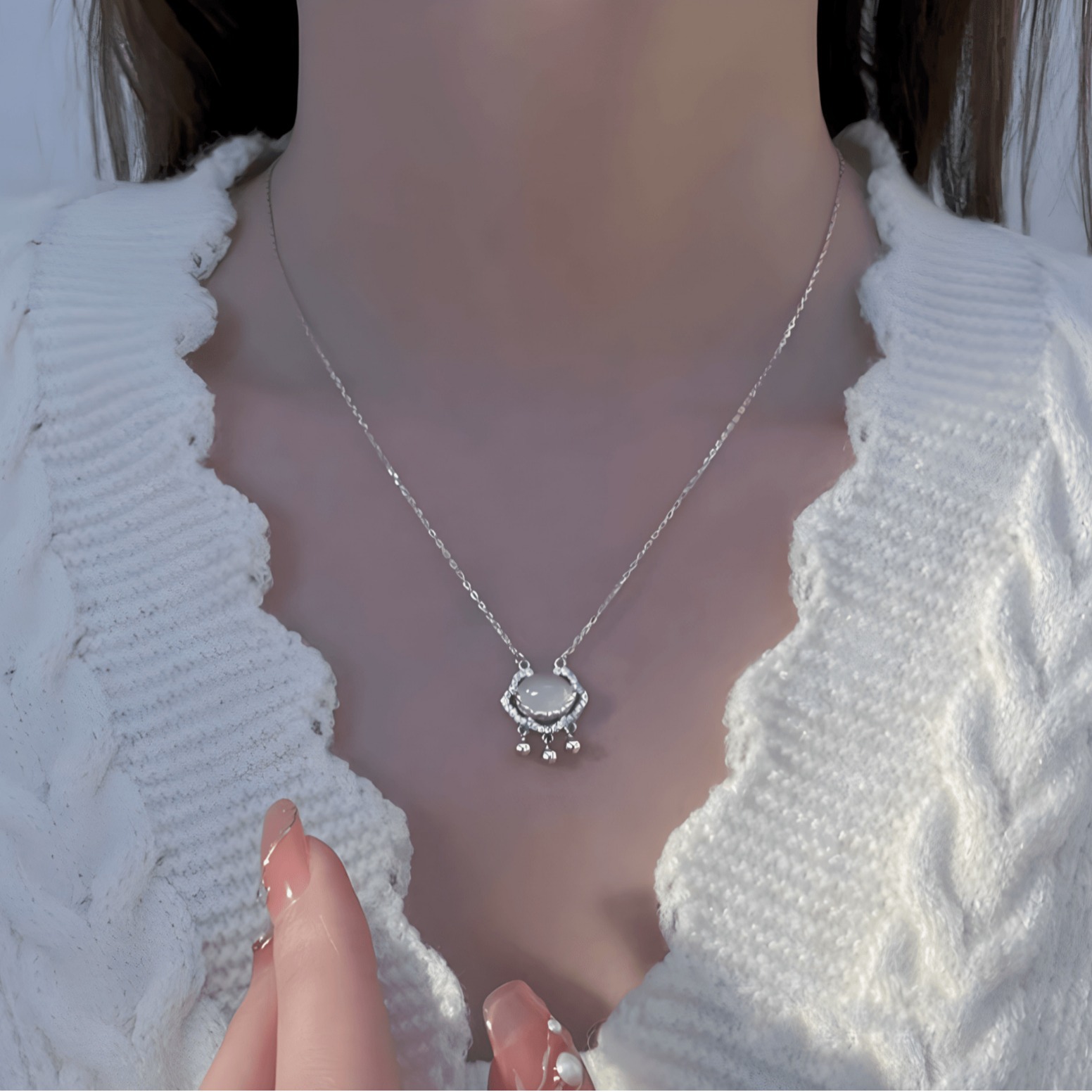 S925 sterling silver Peace Lock necklace, Chinese-style natural chalcedony pendant necklace