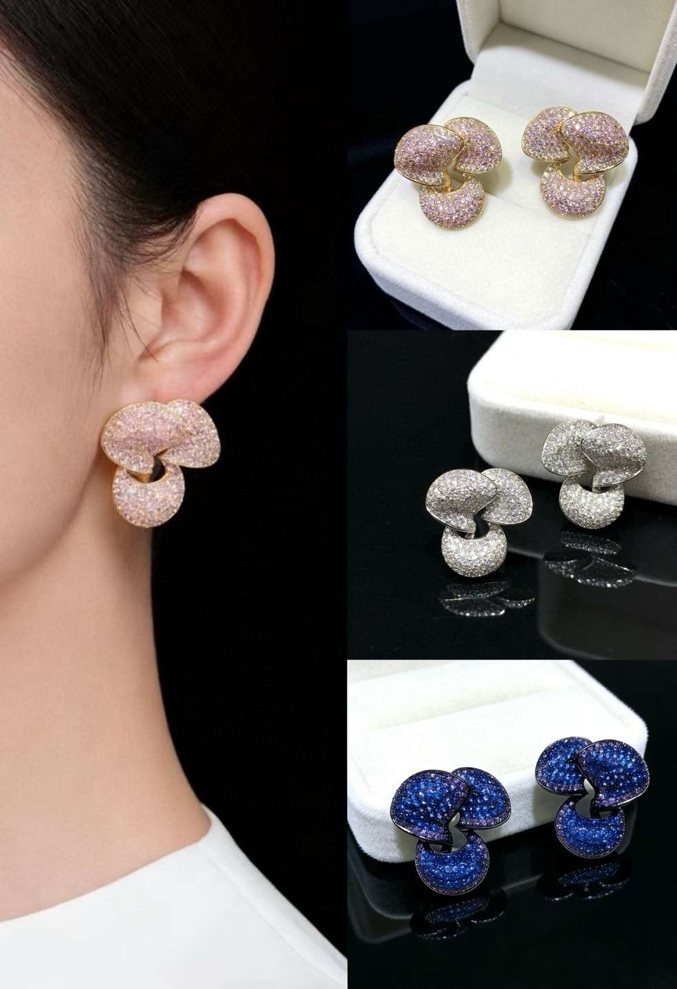 Fashionable and fresh micro-inlaid zirconium three-dimensional flower stud earrings, with a light luxury and high-end feel, are exquisite and versatile for commuting details Picture