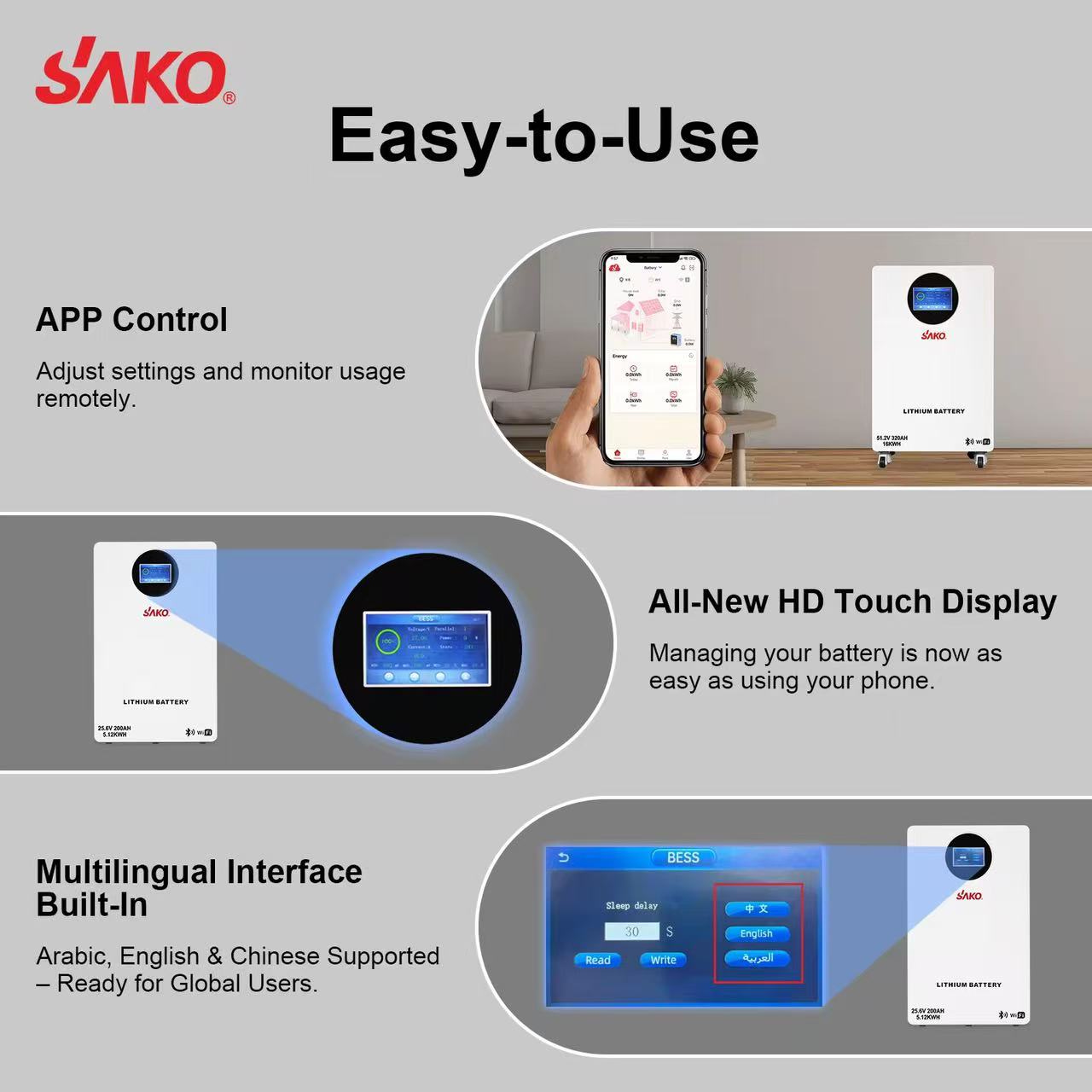 SAKO Li-Sun solar energy system stores lithium-ion batteries for household use, including 24V, 48V, 100AH, 200ah, 400ah and 600ah batteries Item Picture