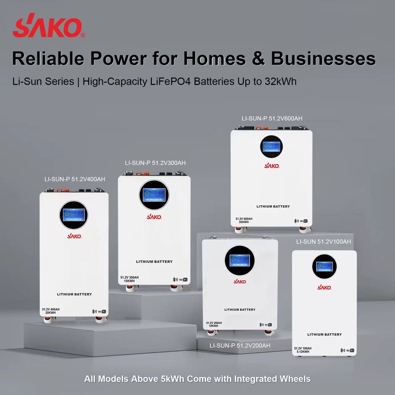 SAKO Li-Sun solar energy system stores lithium-ion batteries for household use, including 24V, 48V, 100AH, 200ah, 400ah and 600ah batteries Specification image