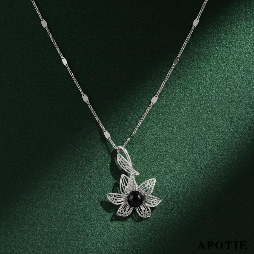 APOTIE's three-dimensional hollowed-out black agate Lily S925 silver jewelry necklace is sold directly by the manufacturer and available for wholesale Item Picture