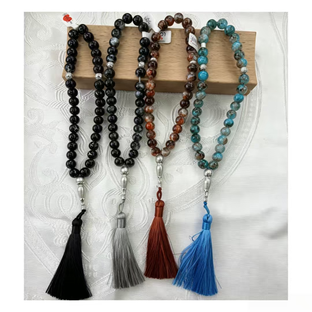 tasbinh multi-color beaded tassel necklace with black, gray, brown and blue four-color pearl silver jewelry, new style of jewelry available for customization full figure