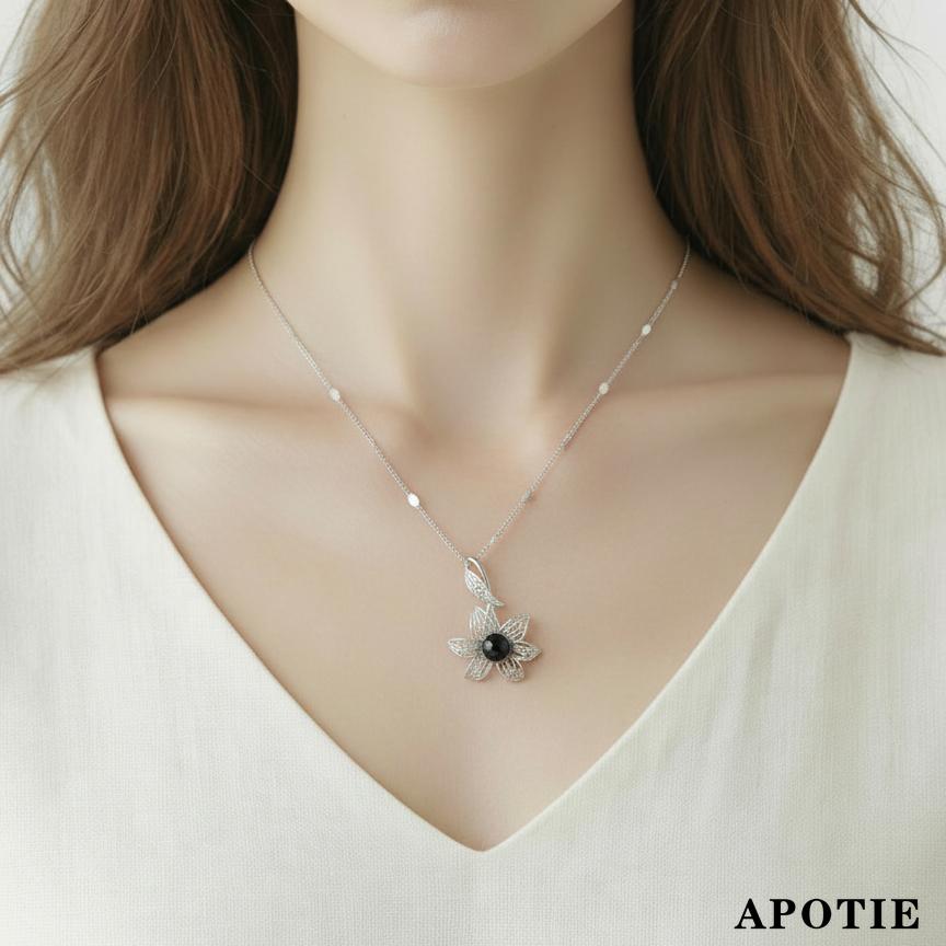 APOTIE's three-dimensional hollowed-out black agate Lily S925 silver jewelry necklace is sold directly by the manufacturer and available for wholesale detail image 3