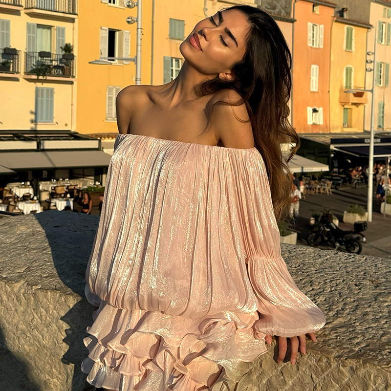 White off-the-shoulder pleated Chinese-style dress, the same style dress for female models Specification drawing