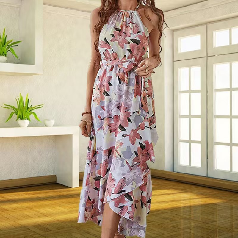 A Chinese-style floral pattern Polo collar purple and pink light purple dress full figure