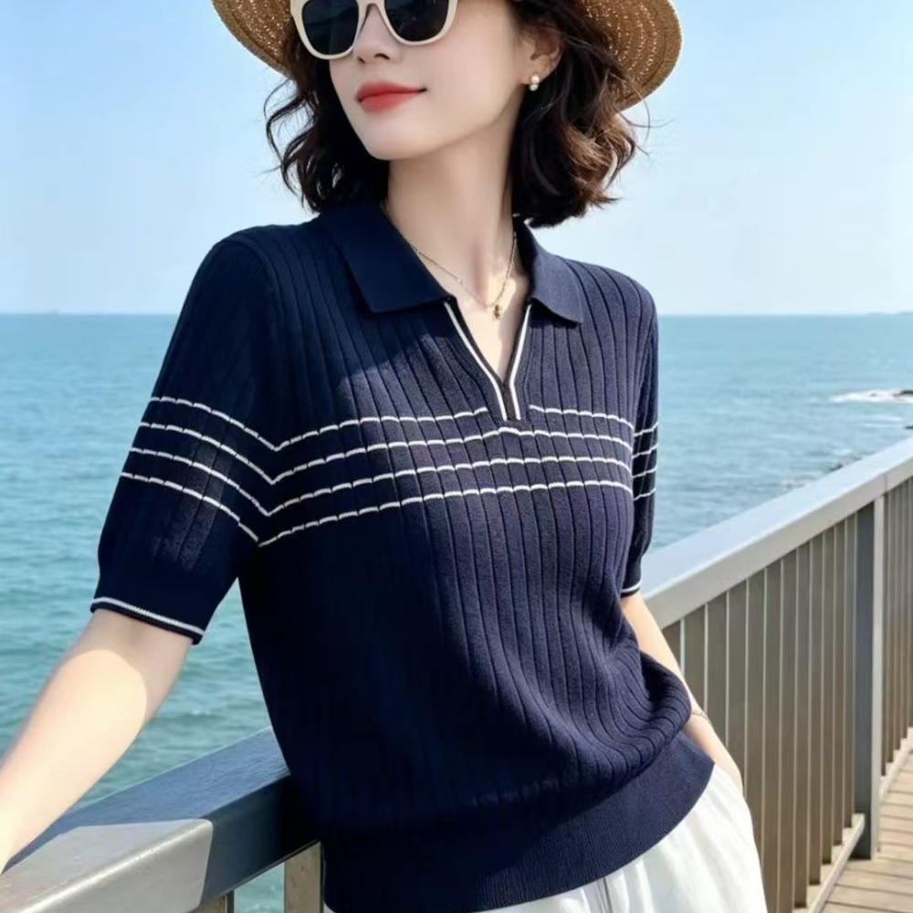 条纹短袖t恤女夏季2026新款针织衫爆款高级polo上衣
