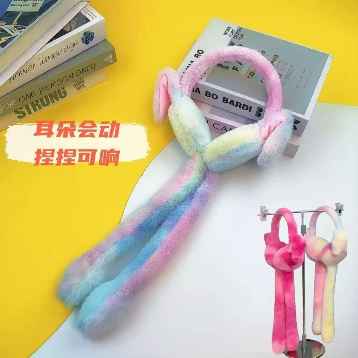 The cross-border luminous plush tie-dyed ear cups are cute student ear protectors. The airbag rabbit ear covers can keep you warm details Picture