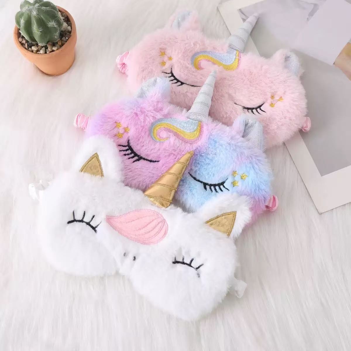 Cross-border cute little rabbit fur embroidered plush eye mask, light-blocking sleep eye protection, unicorn ear cute eye mask in stock