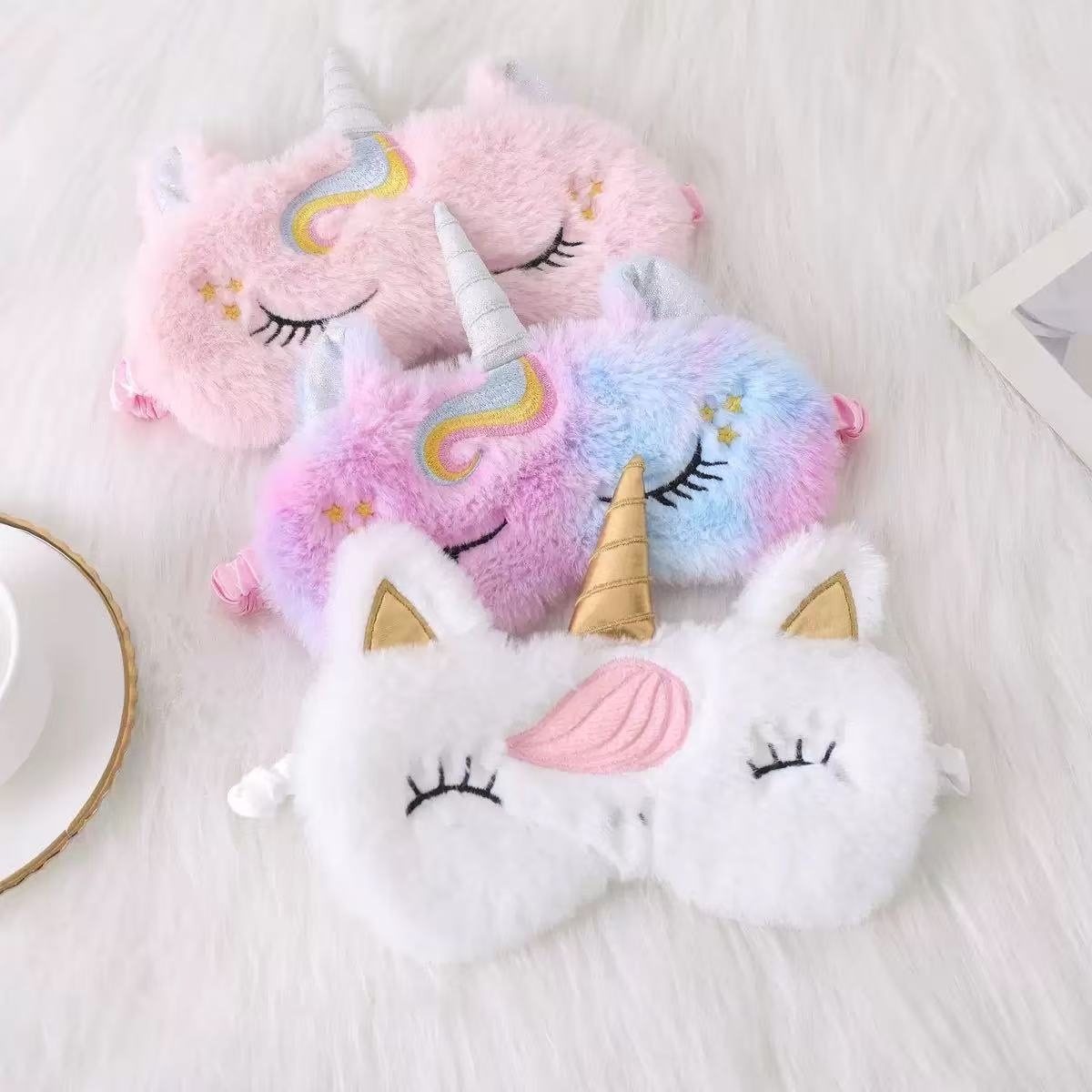 Cross-border cute little rabbit fur embroidered plush eye mask, light-blocking sleep eye protection, unicorn ear cute eye mask in stock Specification image