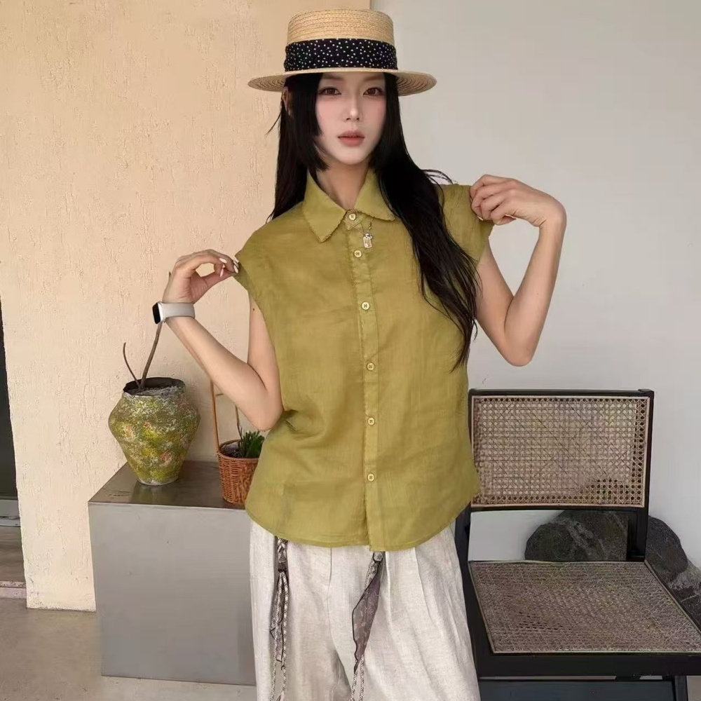 A Japanese-style short-sleeved cotton and linen shirt for women, with a literary and artistic temperament, loose and casual, and a linen vest with a baby collar details Picture