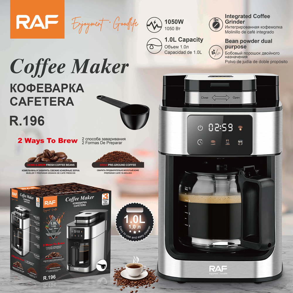 RAF European and American fully automatic coffee machine with a grinding drip coffee pot, timer touch screen coffee machine, 1L