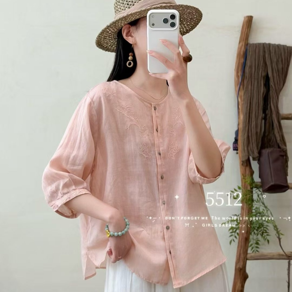 Spring 2026 new Japanese-style loose linen shirt, women's round-neck long-sleeved pleated design solid color sun protection top Specification image
