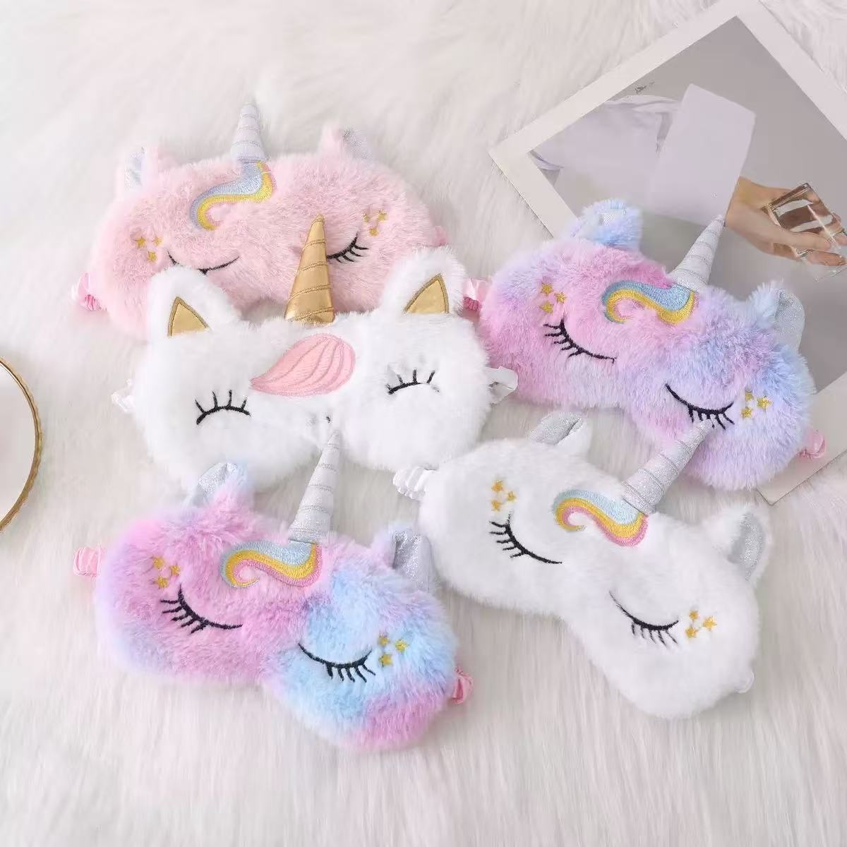 Cross-border cute little rabbit fur embroidered plush eye mask, light-blocking sleep eye protection, unicorn ear cute eye mask in stock details Picture