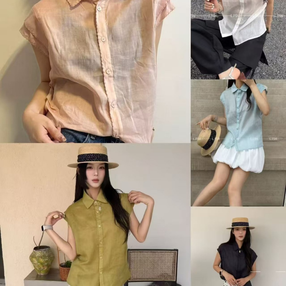 A Japanese-style short-sleeved cotton and linen shirt for women, with a literary and artistic temperament, loose and casual, and a linen vest with a baby collar Specification image