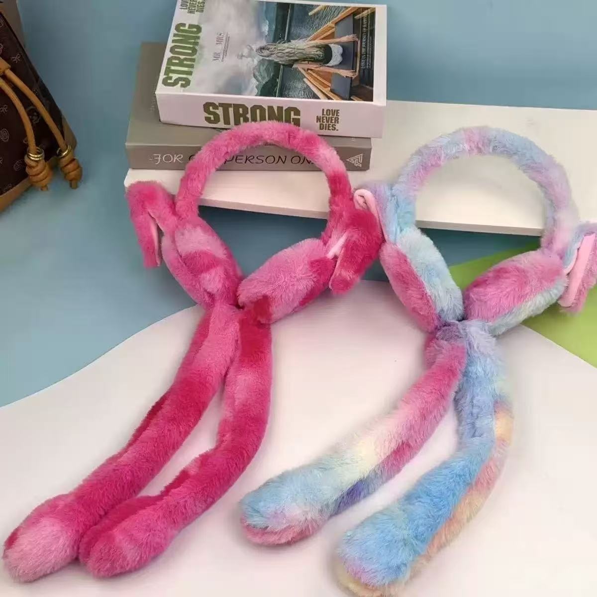 The cross-border luminous plush tie-dyed ear cups are cute student ear protectors. The airbag rabbit ear covers can keep you warm Specification image