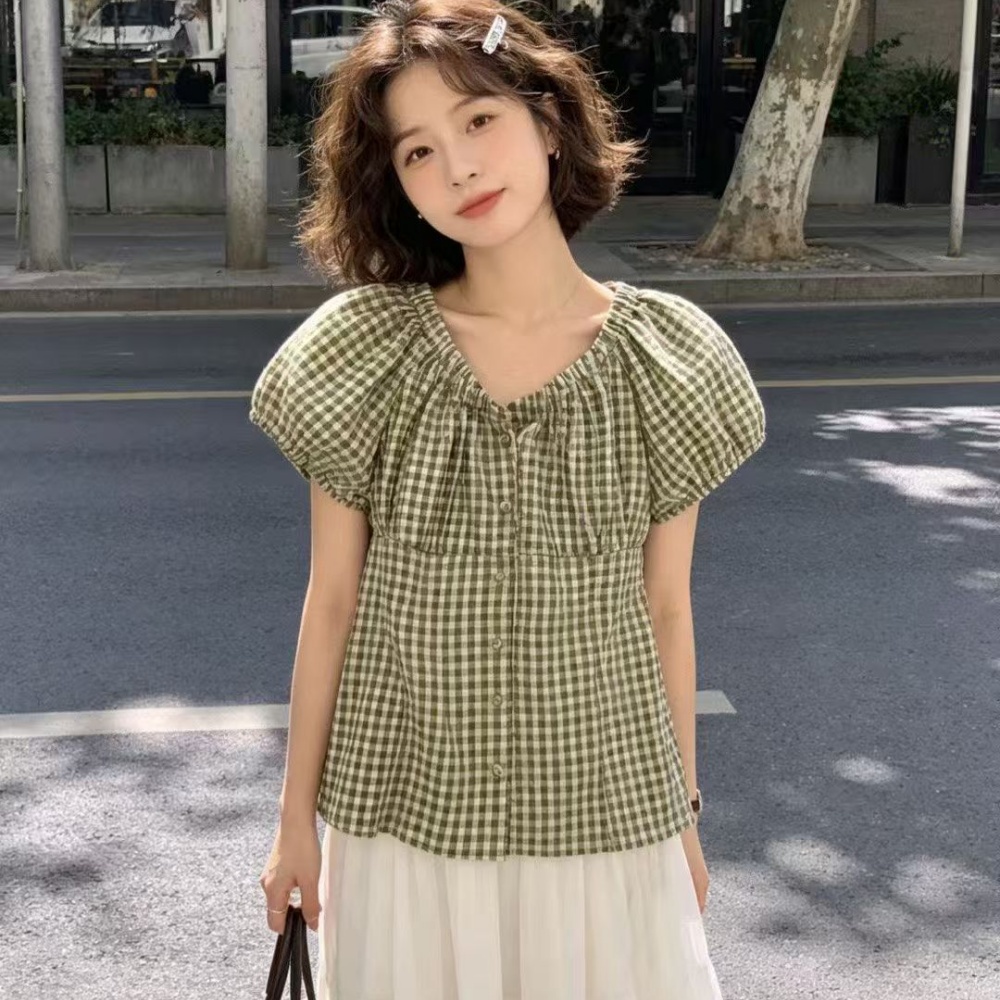 设计感小众复古格纹短袖衬衫女韩版显瘦百搭内搭上衣春夏